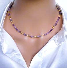 This necklace is made with 4 mm. amethyst beads and gold tone small spacer beads. The combination of light lilac and gold is modern , unusual and therefore is very attractive. A length is 15.5;; - 17.5'' (38.75cm - 43.75cm).  Your necklace is ready to ship.  Thank you for visiting my shop. Gold Amethyst Single Strand Jewelry, Gold Amethyst Single Strand Necklace, Minimalist Purple Gemstone Necklace, Gold Amethyst Beaded Necklace With Faceted Beads, Gold Amethyst Crystal Necklace With Faceted Beads, Oval Amethyst Multi-stone Necklaces, Oval Amethyst Multi-stone Necklace, Multicolor Beaded Amethyst Necklace, Delicate Choker