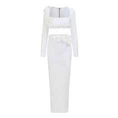 Experience the ultimate in fashion and style with our 3D Flowers Decor Two-Piece Bandage Set! Featuring a square collar and a long-sleeved crop top with a back zipper, this set adds a touch of sophistication to any look. Complete the chic ensemble with the long maxi bodycon skirt in classic white. Elevate your wardrobe today! Fabric: Medium Stretch Material: Polyester Fiber Fitted Cropped Set For Spring, Fitted Cropped Sets For Spring, Cropped Spring Sets, Fitted Two-piece Cropped Set, Fitted Two-piece Crop Top, Elegant Fitted Two-piece Crop Top, Elegant Long Sleeve Fitted Crop Top, Elegant Cropped Two-piece Set, Chic Square Neck Crop Top For Party