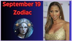 a woman with long hair and gold dress next to a blue background that says zodiac