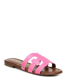 Sam Edelman Women's Bay Slide Sandals Flat Mules With Leather Lining For Spring, Flat Leather-lined Mules For Spring, Designer Leather Footbed Sandals For Spring, Designer Sandals With Leather Footbed For Spring, Spring Slides With Leather Lining, Pink Leather Slides For Spring, Spring Tan Sandals With Single Toe Strap, Tan Flat Sandals For Spring, Flat Tan Sandals For Spring