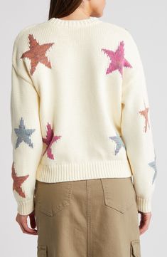 This crewneck sweater knit from cotton-blend yarn is given major star power by celestial, space-dyed intarsia accents throughout its relaxed fit. 22" length (size Medium) Crewneck Dropped shoulders Ribbed cuffs and hem 60% cotton, 40% acrylic Dry clean or hand wash, dry flat Imported Rainbow Star, Crew Neck Sweater, Top Brands, Sweaters & Cardigans, Knitted Sweaters, Sweaters For Women, Cotton Blend, Nordstrom, Relaxed Fit