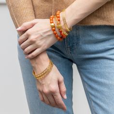 Beautiful stretch bracelet with burnt orange jade beads and single gold plated copper bead. Orange Bracelet, Gold Bracelet Cuff, Gold Cuffs, Fort Worth Texas, Spring Fling, Jewelry Lookbook, Jade Beads, Beads Bracelet, Fort Worth