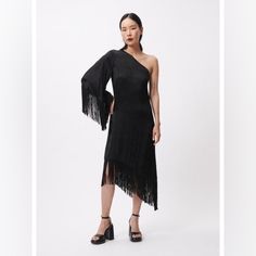 This Dress Is Crafted From Luxurious, Lightweight Fabric. This Elegant Off-The-Shoulder Style Features Beautiful Fringe Detail, Giving It A Playful And Whimsical Feel. The Sleeves And Softly Flowing Skirt Add A Touch Of Romance That Will Make You Feel Like You Stepped Out Of A Fairy Tale. Evening Fringe Dress For Party Season, Elegant Fringe Midi Dress For Evening, Cocktail Evening Dress With Fringe, Chic Fringe Maxi Dress For Night Out, Elegant Cocktail Midi Dress With Fringe, Fitted Midi Dress With Fringe For Party, Elegant Fringe Midi Dress For Party, Fringe Midi Dress For Night Out, Elegant Fringe Dress For Date Night