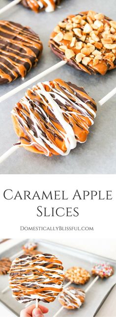 caramel apple slices on a baking sheet with chocolate drizzle and almonds