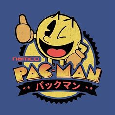 the logo for namco pacman is shown on a blue background with japanese characters