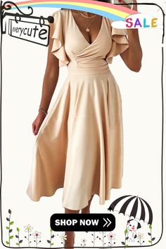 Ruffled Sleeve Wrap V Neck Midi Dress Party V-neck Midi Dress With Ruffle Hem, Chic V-neck Mini Dress For Wedding Guest, Elegant Pleated Ruffle Dress For Summer, Pleated V-neck Dress For Wedding Guest, Elegant Flowy V-neck Ruffle Dress, Party A-line Maxi Dress With Ruffle Hem, V-neck Pleated Dress For Wedding Guest, Chic Knee-length Flowy Ruffle Dress, Chic Maxi Dress With Ruffle Hem For Wedding Guests