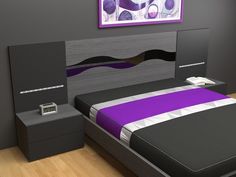 a bedroom with a bed, night stand and nightstands in grey and purple colors