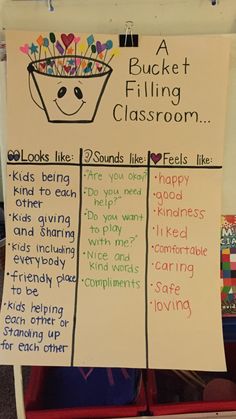 a bulletin board with words and pictures on it that say, bucket filling classroom