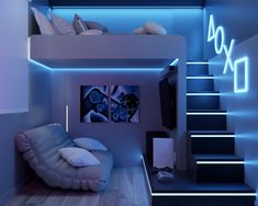 a room with stairs and blue lighting on the walls, as well as a bed