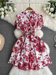 Floral Print Short Sleeve Belted A-Line Dress Knee High Boots Flat, Flowing Skirt, Floral Print Shorts, Cinched Waist, Women Dresses, Easy Wear, Floral Print Dress, Lingerie Set, Night Dress