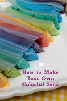 how to make your own colorful sand on a white platter with text overlay