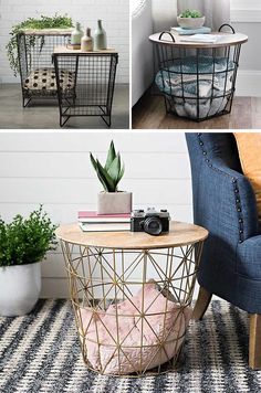 three pictures of different tables with plants and vases on them, one has a blue chair