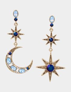 Blue Star Earrings, Mismatch Earrings, Antique Gold Earrings, Blue Drop Earrings, Betsey Johnson Earrings, Moon And Star Earrings, Star And Moon, Antique Gold Jewelry, Gold Jewelry Earrings