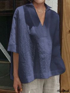 Olivia Mark - Loose-Fit Linen Cotton Solid Color Long Sleeve Shirt Harajuku Shirt, Western Tops, Linen Shirts, Linen Clothing, Sleeves Clothing, Linen Style, Solid Color Shirt, Loose Shirts, Linen Blouse