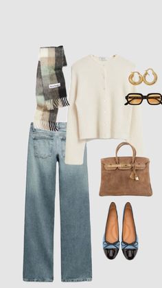 a woman's outfit and shoes are shown in the image, including a sweater, jeans