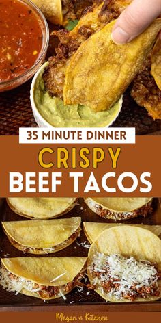 the recipe for crispy beef tacos is shown in this collage with text overlay