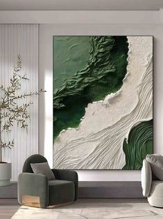 3D Green and White Abstract Canvas Painting Green and White Textured Abstract Art Textured Wall Art Large Textured Canvas, Wabi Sabi Art Painting, Ocean Wave Painting, Minimalist Artist, Green Ocean, Wave Painting, Textured Canvas, Plaster Art, Abstract Texture