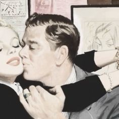 a drawing of a man kissing a woman's face in front of a poster