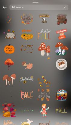 an iphone screen with various stickers on the back and side of it, including pumpkins