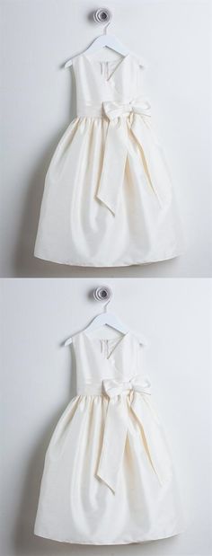 Simple Ivory V Neck Sleeveless A Line Satin Flower Girl Dresses With Bowknot Satin Flower Girl Dresses, Maya Dress, Silk Flower Girl Dress, Boho Prom Dress, Prom Dresses Simple, Prom Dresses Elegant, Wedding Journal, Dress Display