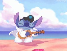 an animated character playing a guitar on the beach with a pink flower in front of him