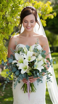 Rustic Lilies with Eucalyptus Wedding Bouquet Lilies Bridesmaid Bouquet, White Lily And Eucalyptus Bouquet, Fresh Flowers Bridal Bouquet, How To Make A Teardrop Bouquet, White Lillies Wedding Bouquet, Wedding Bouquets Bride Spring, Lily Bride Bouquet, Bouquets With Lilies