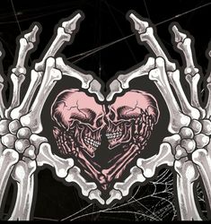 two skulls in the shape of a heart with pink and black markings on it's sides