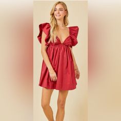 Nwt Ruffle Tie Back Poplin Dress. Maroon Color. Size Medium. Crimson Dress, Rush Outfits, Bella Dress, Flirty Dresses, Ruffle Sleeve Dress, Poplin Dress, Gameday Outfit, Hoco Dresses, Preppy Outfits