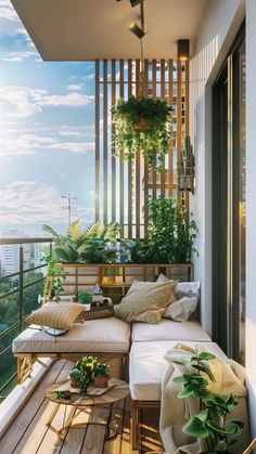 a balcony with lots of plants and furniture on top of the wooden flooring area