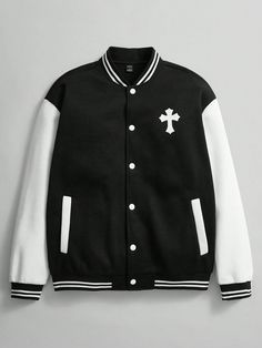 Loose Fit Men's Cross Pattern Colorblock Varsity Jacket With Striped Trim Black and White Casual  Long Sleeve Knitted Fabric Graphic Varsity Slight Stretch  Men Clothing, size features are:Bust: ,Length: ,Sleeve Length: Elegant Sunglasses, Varsity Jacket Men, Mens Crosses, Sun With Sunglasses, Cross Patterns, Baseball Jacket, Mens Outerwear, Kids Sleepwear, White Casual