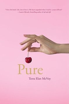 a hand holding a cherry on top of a pink background with the words pure written in gold