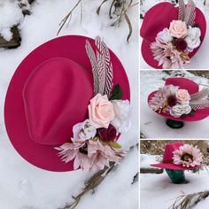 Hot pink felt fedora decorated with silk flowers and feathers. Size is fully adjustable inside to fit you. These hats are so feminine and get compliments everywhere they go! Pink Fedora, Roses And Sunflowers, Crochet Boot Cuff, Flowers And Feathers, Heart Headband, Pink Felt, Crochet Boots, My Community, Felt Fedora