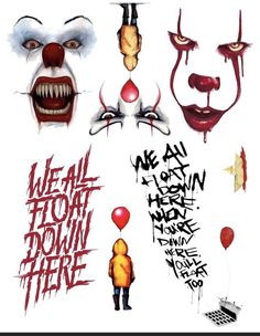 some scary clown faces and words on a white background