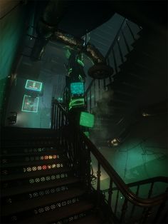 the stairs are lit up with green lights in this dark room, and there is no one on it