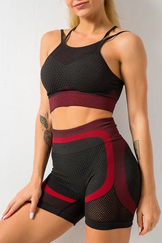 Red Breathable Mesh Gym Crop Top & Shorts Sports Set Gym Crop Top, Crop Top Shorts, Form Fitting Tops, Crop Top And Leggings, Gym Clothes Women, Gym Tops, Workout Sets, Activewear Sets, Yoga Set