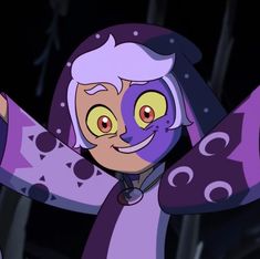 an animated character with purple hair and yellow eyes, holding her arms up in the air