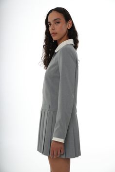 Workwear Mini Dress With Pleated Hem, Fitted Long Sleeve Mini Dress With Pleated Hem, A-line Mini Dress With Pleated Sleeves For Work, Workwear Mini Dress With Pleated Skirt, Pleated Mini Dress For Work, Long Sleeve Dresses With Box Pleat For Work, Gray Mini Dress For Workwear, Gray Mini Dress For Work, Nyc Fits