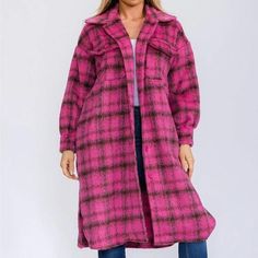 Take On Any Adventure With This Bold And Daring Long Sleeve Button Up Pockets Plaid Coat! Made With 100% Polyester And Featuring A Striking Fuchsia Color, This Versatile Piece Will Keep You Warm While Making A Statement. Model Is Wearing A Small. With A Length Of 42" And A Bust Size Of 50", It's Perfect For Taking On The Unknown. Don't Be Afraid To Stand Out And Live Life On The Edge With This Must-Have Addition To Your Wardrobe! **New** Oversized Pink Outerwear With Button Closure, Pink Single Breasted Long Sleeve Outerwear, Pink Single-breasted Long Sleeve Outerwear, Purple Collared Winter Outerwear, Pink Outerwear With Lapel Collar And Button Closure, Oversized Pink Single-breasted Outerwear, Pink Outerwear With Button Closure And Lapel Collar, Pink Single Breasted Winter Outerwear, Oversized Pink Long Sleeve Outerwear