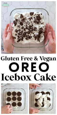 an icebox cake with chocolate chips and cream frosting in it is being held by two hands