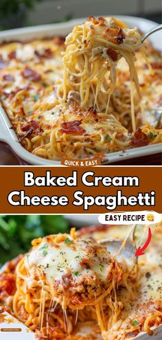 baked cream cheese spaghetti in a casserole dish