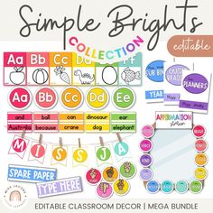 a collection of classroom decor items with the words simple brights on them