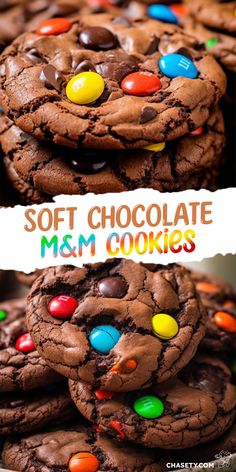 soft chocolate m & m cookies are stacked on top of each other with candy in the middle