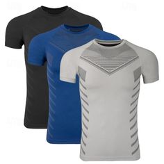 three men's t - shirts with different colors and patterns on the front, one in