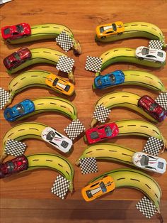 toy cars are lined up on banana peels to be made into race cars and bananas