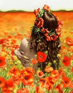 a painting of a woman with flowers in her hair, standing in a field of poppies