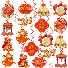 the chinese new year decorations are hanging from strings