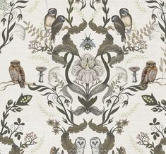 an ornate wallpaper with owls and flowers