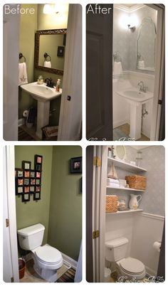 four pictures show the before and after of a bathroom remodel