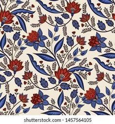 a floral pattern with blue and red flowers on a beige background, suitable for wallpaper or fabric