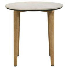 a round table with wooden legs and a white marble top on an isolated white background